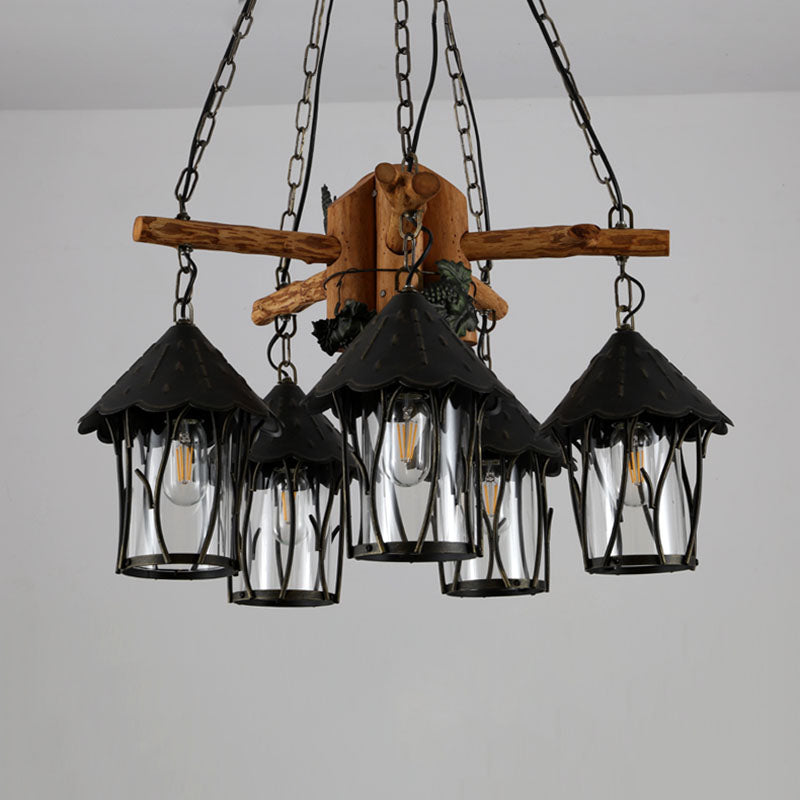 Black Lantern Chandelier Factory Style Clear Glass 5 Heads Restaurant Pendant Lighting Fixture with Wood Branch Beam Clearhalo 'Cast Iron' 'Ceiling Lights' 'Chandeliers' 'Industrial Chandeliers' 'Industrial' 'Metal' 'Middle Century Chandeliers' 'Rustic Chandeliers' 'Tiffany' Lighting' 736137