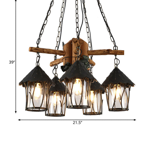 Black Lantern Chandelier Factory Style Clear Glass 5 Heads Restaurant Pendant Lighting Fixture with Wood Branch Beam Clearhalo 'Cast Iron' 'Ceiling Lights' 'Chandeliers' 'Industrial Chandeliers' 'Industrial' 'Metal' 'Middle Century Chandeliers' 'Rustic Chandeliers' 'Tiffany' Lighting' 736138