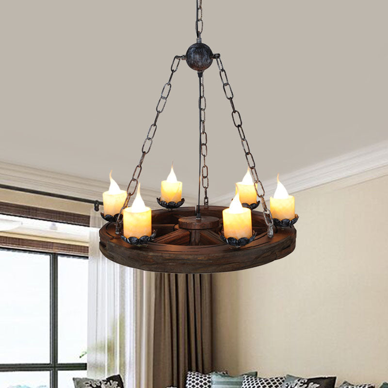 Candelabra Marble Chandelier Lamp Factory 6-Head Living Room Drop Pendant with Wood Wheel Design Wood Clearhalo 'Carpenter Chandeliers' 'Ceiling Lights' 'Chandeliers' 'Industrial Chandeliers' 'Industrial' 'Middle Century Chandeliers' 'Modern' 'Tiffany' Lighting' 736139