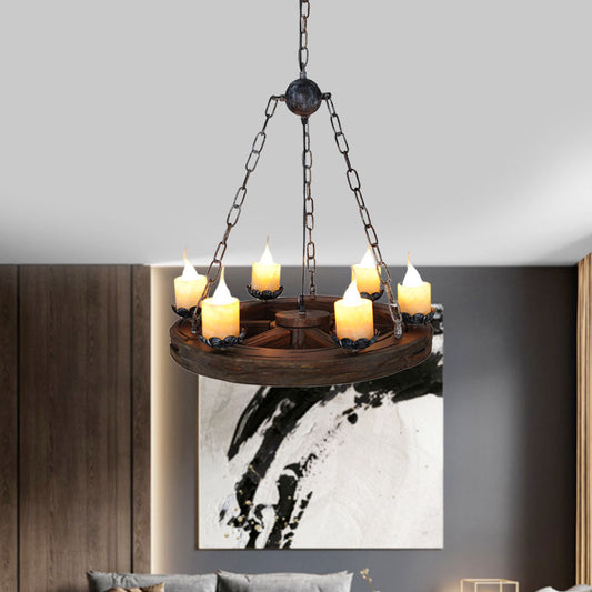 Candelabra Marble Chandelier Lamp Factory 6-Head Living Room Drop Pendant with Wood Wheel Design Clearhalo 'Carpenter Chandeliers' 'Ceiling Lights' 'Chandeliers' 'Industrial Chandeliers' 'Industrial' 'Middle Century Chandeliers' 'Modern' 'Tiffany' Lighting' 736140