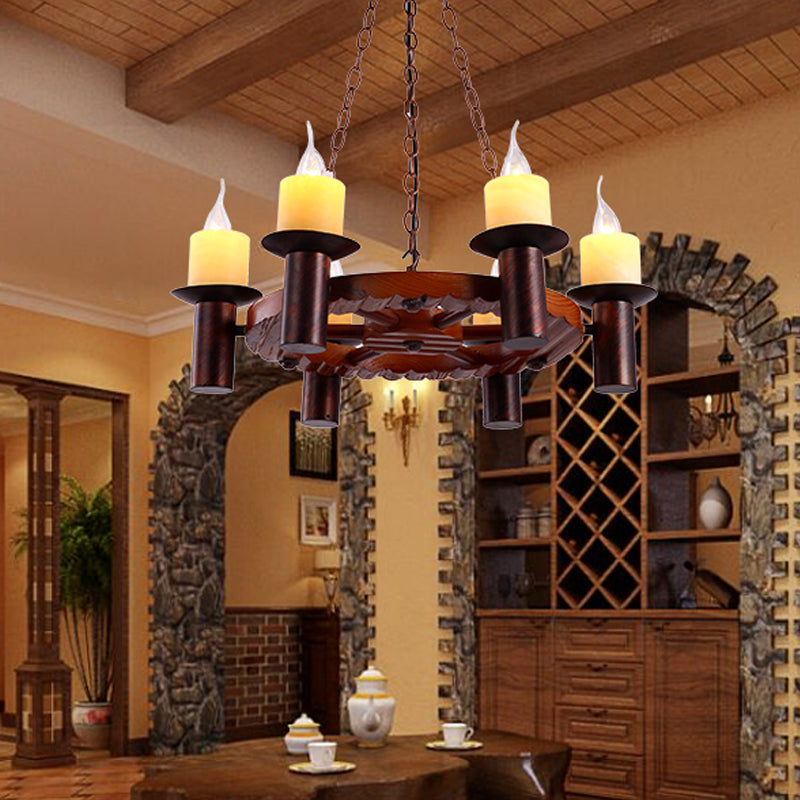 Wood Wheel Pendant Chandelier Farmhouse 6 Heads Living Room Hanging Light Kit in Brown with Candle Design Brown Clearhalo 'Cast Iron' 'Ceiling Lights' 'Chandeliers' 'Industrial Chandeliers' 'Industrial' 'Metal' 'Middle Century Chandeliers' 'Rustic Chandeliers' 'Tiffany' Lighting' 736143