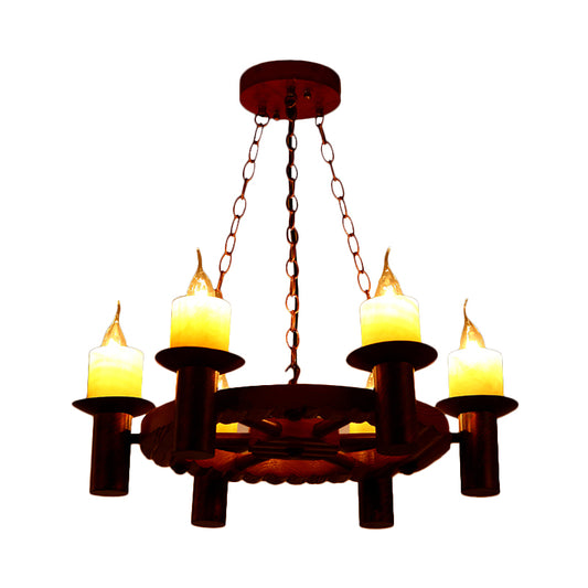Wood Wheel Pendant Chandelier Farmhouse 6 Heads Living Room Hanging Light Kit in Brown with Candle Design Clearhalo 'Cast Iron' 'Ceiling Lights' 'Chandeliers' 'Industrial Chandeliers' 'Industrial' 'Metal' 'Middle Century Chandeliers' 'Rustic Chandeliers' 'Tiffany' Lighting' 736144