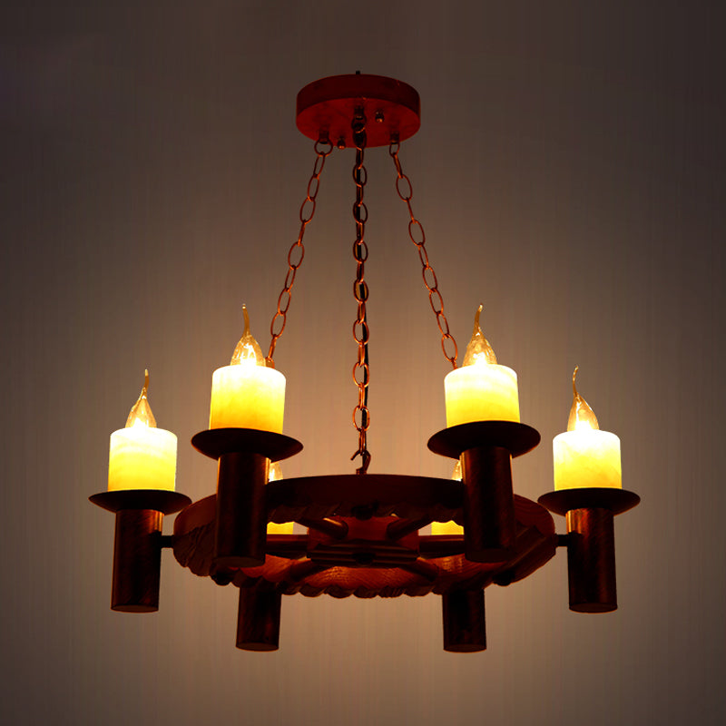 Wood Wheel Pendant Chandelier Farmhouse 6 Heads Living Room Hanging Light Kit in Brown with Candle Design Clearhalo 'Cast Iron' 'Ceiling Lights' 'Chandeliers' 'Industrial Chandeliers' 'Industrial' 'Metal' 'Middle Century Chandeliers' 'Rustic Chandeliers' 'Tiffany' Lighting' 736145