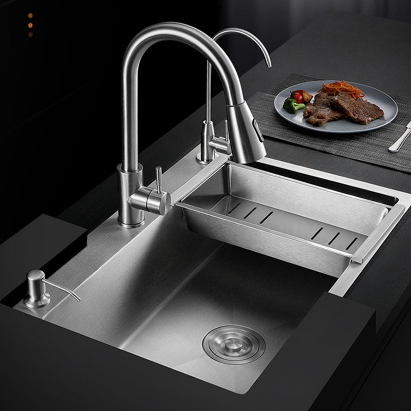 Modern Workstation Ledge Stainless Steel with Faucet and Soap Dispenser Prep Station Clearhalo 'Home Improvement' 'home_improvement' 'home_improvement_kitchen_sinks' 'Kitchen Remodel & Kitchen Fixtures' 'Kitchen Sinks & Faucet Components' 'Kitchen Sinks' 'kitchen_sinks' 7361647