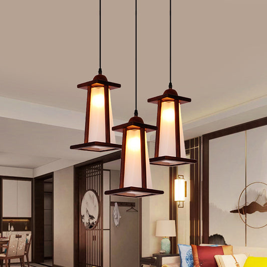 Wood 3 Lights Cluster Pendant Coastal Frosted Glass Trapezoid Hanging Ceiling Light with Linear/Triangle Canopy Wood A Clearhalo 'Ceiling Lights' 'Industrial Pendants' 'Industrial' 'Middle Century Pendants' 'Pendant Lights' 'Pendants' 'Tiffany' Lighting' 736167