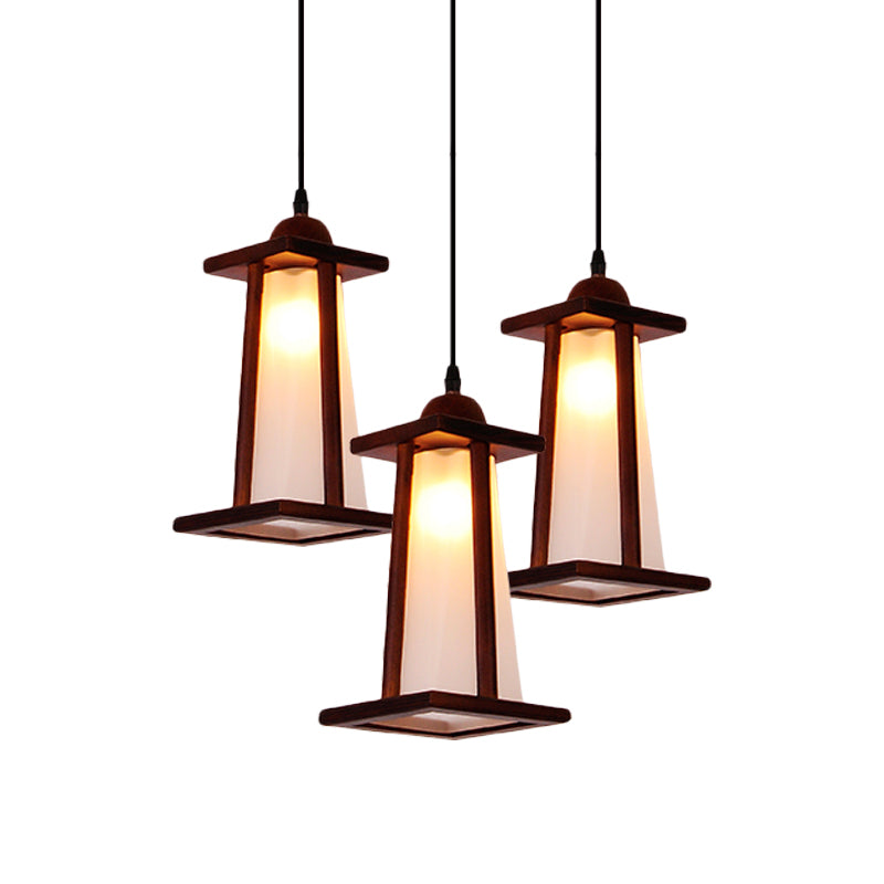 Wood 3 Lights Cluster Pendant Coastal Frosted Glass Trapezoid Hanging Ceiling Light with Linear/Triangle Canopy Clearhalo 'Ceiling Lights' 'Industrial Pendants' 'Industrial' 'Middle Century Pendants' 'Pendant Lights' 'Pendants' 'Tiffany' Lighting' 736168