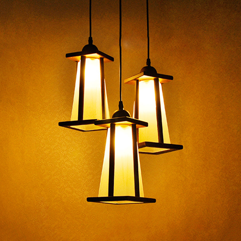 Wood 3 Lights Cluster Pendant Coastal Frosted Glass Trapezoid Hanging Ceiling Light with Linear/Triangle Canopy Clearhalo 'Ceiling Lights' 'Industrial Pendants' 'Industrial' 'Middle Century Pendants' 'Pendant Lights' 'Pendants' 'Tiffany' Lighting' 736169