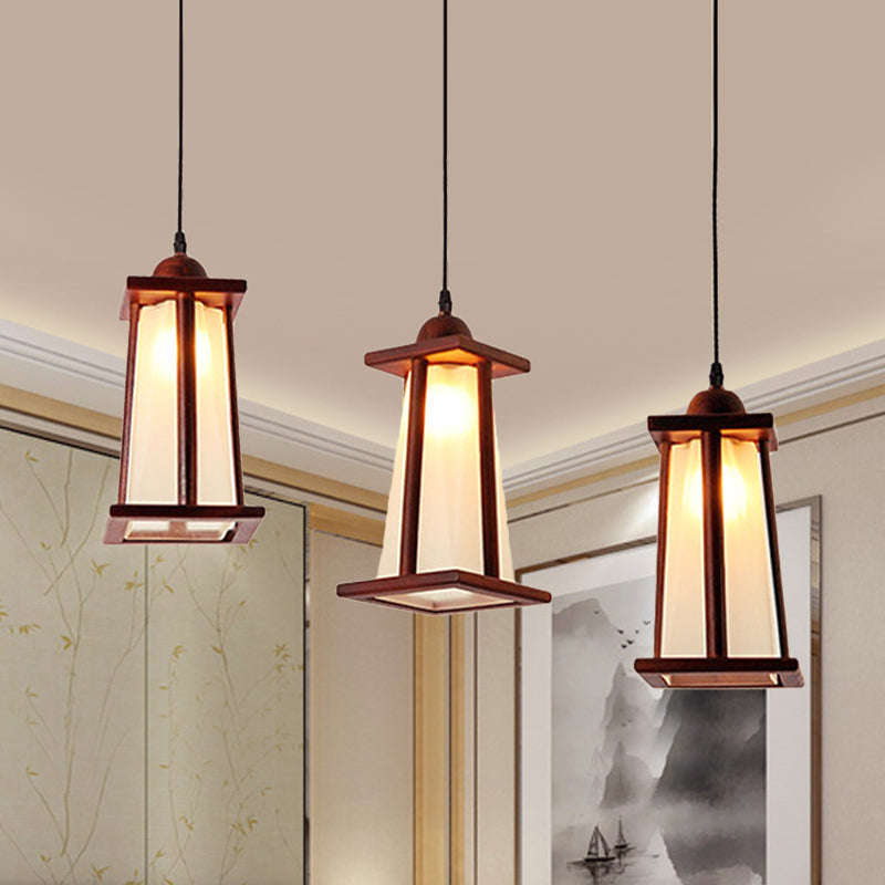 Wood 3 Lights Cluster Pendant Coastal Frosted Glass Trapezoid Hanging Ceiling Light with Linear/Triangle Canopy Wood B Clearhalo 'Ceiling Lights' 'Industrial Pendants' 'Industrial' 'Middle Century Pendants' 'Pendant Lights' 'Pendants' 'Tiffany' Lighting' 736171