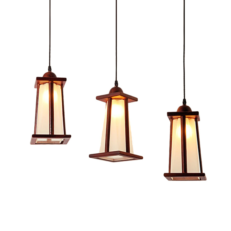 Wood 3 Lights Cluster Pendant Coastal Frosted Glass Trapezoid Hanging Ceiling Light with Linear/Triangle Canopy Clearhalo 'Ceiling Lights' 'Industrial Pendants' 'Industrial' 'Middle Century Pendants' 'Pendant Lights' 'Pendants' 'Tiffany' Lighting' 736173