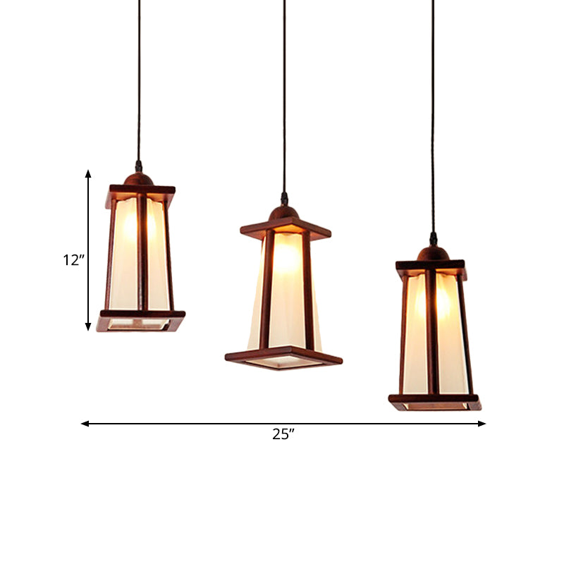 Wood 3 Lights Cluster Pendant Coastal Frosted Glass Trapezoid Hanging Ceiling Light with Linear/Triangle Canopy Clearhalo 'Ceiling Lights' 'Industrial Pendants' 'Industrial' 'Middle Century Pendants' 'Pendant Lights' 'Pendants' 'Tiffany' Lighting' 736175