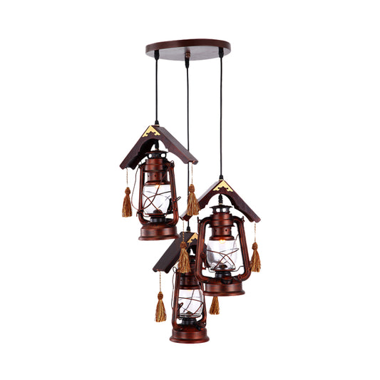 3 Lights Clear Glass Ceiling Pendant Retro Copper Kerosene Dining Room Hanging Lighting with Wood Roof Deco Clearhalo 'Art Deco Pendants' 'Cast Iron' 'Ceiling Lights' 'Ceramic' 'Crystal' 'Industrial Pendants' 'Industrial' 'Metal' 'Middle Century Pendants' 'Pendant Lights' 'Pendants' 'Tiffany' Lighting' 736185