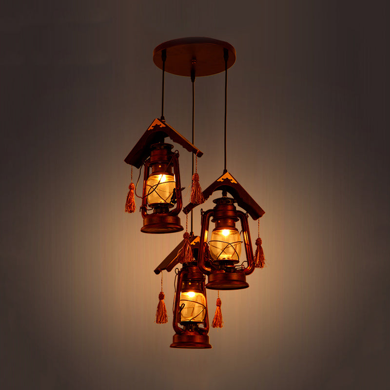 3 Lights Clear Glass Ceiling Pendant Retro Copper Kerosene Dining Room Hanging Lighting with Wood Roof Deco Clearhalo 'Art Deco Pendants' 'Cast Iron' 'Ceiling Lights' 'Ceramic' 'Crystal' 'Industrial Pendants' 'Industrial' 'Metal' 'Middle Century Pendants' 'Pendant Lights' 'Pendants' 'Tiffany' Lighting' 736186
