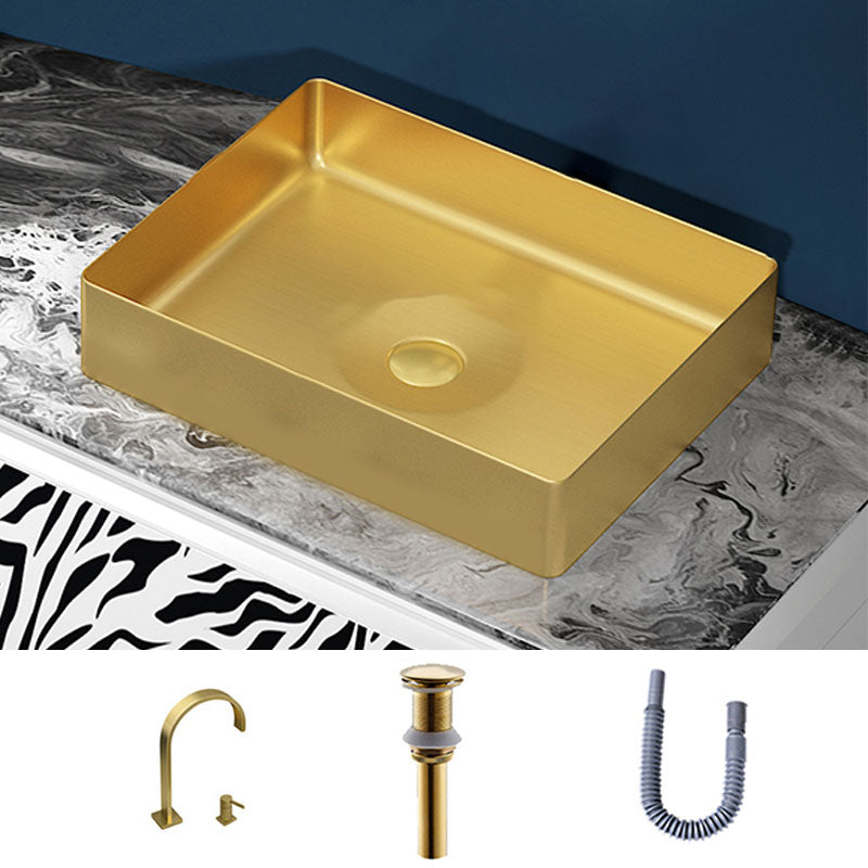Modern Bathroom Sink with Pop-Up Drain Metal Rectangular Vessel Bathroom Sink Gold Double Holes Sink with Faucet Clearhalo 'Bathroom Remodel & Bathroom Fixtures' 'Bathroom Sinks & Faucet Components' 'Bathroom Sinks' 'bathroom_sink' 'Home Improvement' 'home_improvement' 'home_improvement_bathroom_sink' 7362358