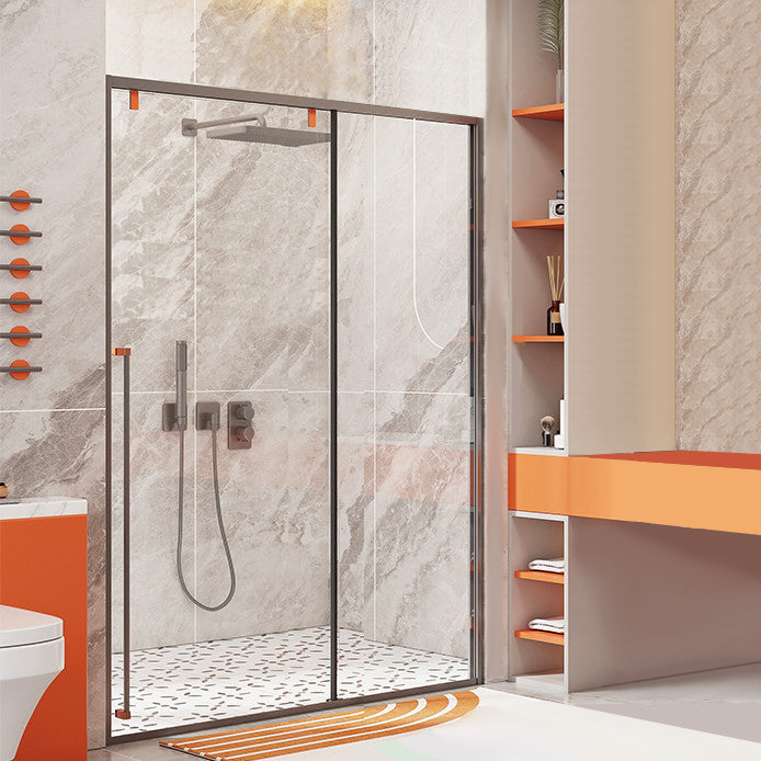 Silver Semi Frameless Shower Doors Single Sliding Shower Bath Door Clearhalo 'Bathroom Remodel & Bathroom Fixtures' 'Home Improvement' 'home_improvement' 'home_improvement_shower_tub_doors' 'Shower and Tub Doors' 'shower_tub_doors' 'Showers & Bathtubs' 7362678