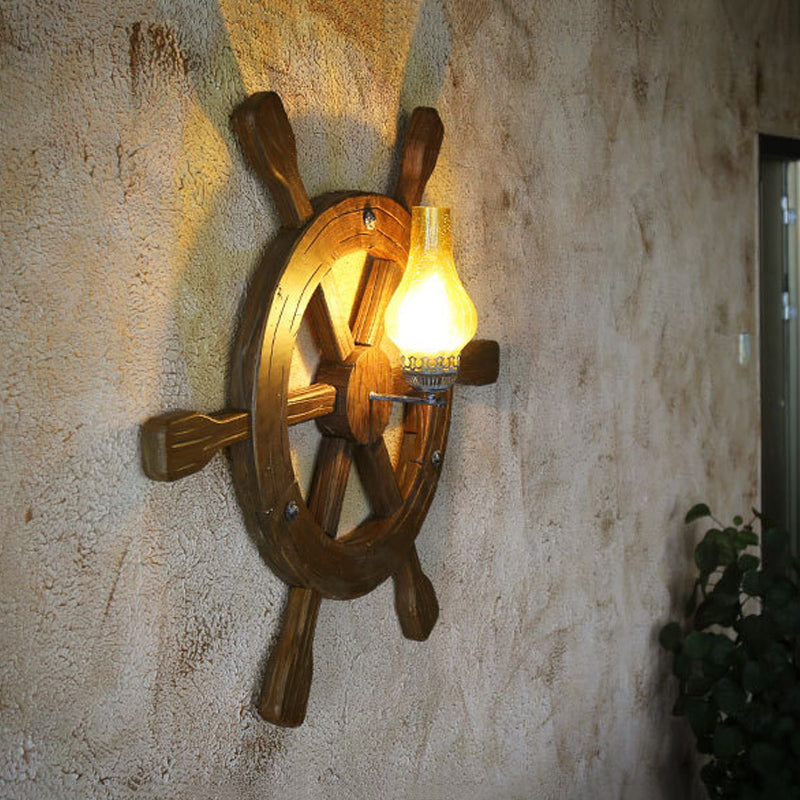 Black 1 Head Sconce Lamp Retro Amber Crackle Glass Vase Wall Light Sconce with Wood Rudder Deco Clearhalo 'Cast Iron' 'Glass' 'Industrial wall lights' 'Industrial' 'Middle century wall lights' 'Modern' 'Tiffany' 'Traditional wall lights' 'Wall Lamps & Sconces' 'Wall Lights' Lighting' 736324