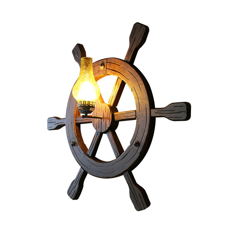 Black 1 Head Sconce Lamp Retro Amber Crackle Glass Vase Wall Light Sconce with Wood Rudder Deco Clearhalo 'Cast Iron' 'Glass' 'Industrial wall lights' 'Industrial' 'Middle century wall lights' 'Modern' 'Tiffany' 'Traditional wall lights' 'Wall Lamps & Sconces' 'Wall Lights' Lighting' 736325