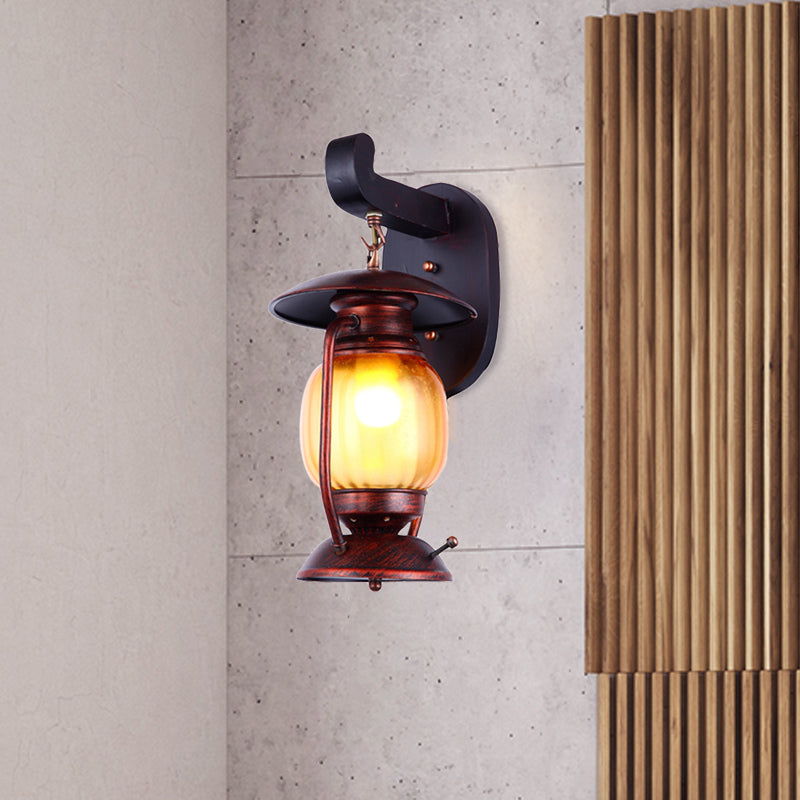 1 Light Wall Sconce Lighting Loft Kerosene Amber Glass Wall Mount Lamp in Copper for Stair Copper Clearhalo 'Art deco wall lights' 'Cast Iron' 'Glass' 'Industrial wall lights' 'Industrial' 'Middle century wall lights' 'Modern' 'Rustic wall lights' 'Tiffany' 'Traditional wall lights' 'Wall Lamps & Sconces' 'Wall Lights' Lighting' 736331