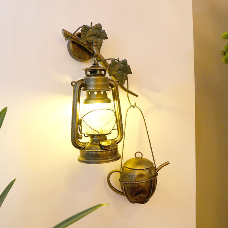 1 Light Lantern Wall Hanging Light Factory Brass Finish Cream Glass Sconce Lighting with Metal Teapot Deco Brass Clearhalo 'Art deco wall lights' 'Cast Iron' 'Glass' 'Industrial wall lights' 'Industrial' 'Middle century wall lights' 'Modern' 'Rustic wall lights' 'Tiffany' 'Traditional wall lights' 'Wall Lamps & Sconces' 'Wall Lights' Lighting' 736339