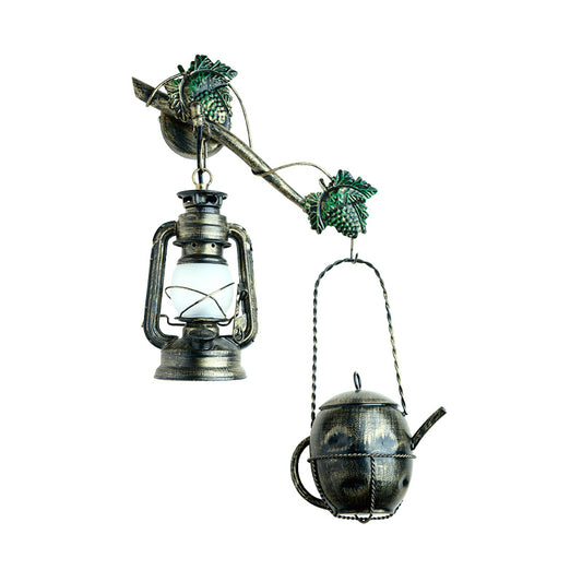 1 Light Lantern Wall Hanging Light Factory Brass Finish Cream Glass Sconce Lighting with Metal Teapot Deco Clearhalo 'Art deco wall lights' 'Cast Iron' 'Glass' 'Industrial wall lights' 'Industrial' 'Middle century wall lights' 'Modern' 'Rustic wall lights' 'Tiffany' 'Traditional wall lights' 'Wall Lamps & Sconces' 'Wall Lights' Lighting' 736340