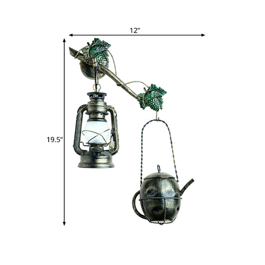 1 Light Lantern Wall Hanging Light Factory Brass Finish Cream Glass Sconce Lighting with Metal Teapot Deco Clearhalo 'Art deco wall lights' 'Cast Iron' 'Glass' 'Industrial wall lights' 'Industrial' 'Middle century wall lights' 'Modern' 'Rustic wall lights' 'Tiffany' 'Traditional wall lights' 'Wall Lamps & Sconces' 'Wall Lights' Lighting' 736342