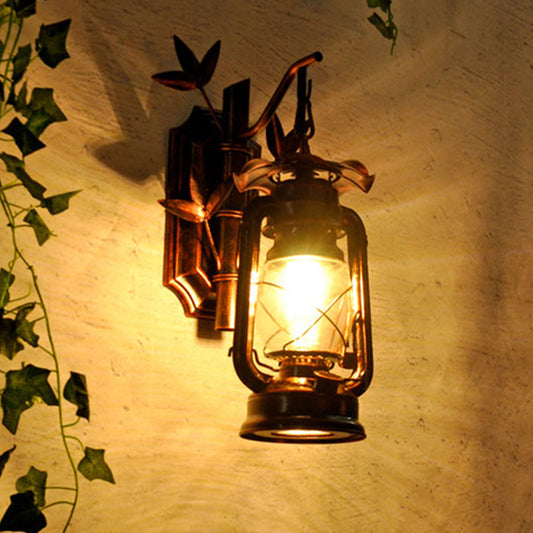 Industrial Lantern Sconce 1 Head Clear Glass Wall Mount Light Fixture in Bronze/Copper with Metal Bamboo Backplate Copper Clearhalo 'Art deco wall lights' 'Cast Iron' 'Glass' 'Industrial wall lights' 'Industrial' 'Middle century wall lights' 'Modern' 'Rustic wall lights' 'Tiffany' 'Traditional wall lights' 'Wall Lamps & Sconces' 'Wall Lights' Lighting' 736343