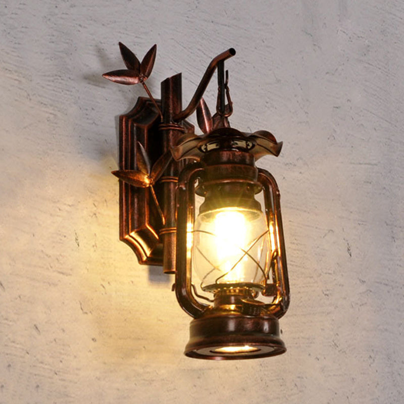 Industrial Lantern Sconce 1 Head Clear Glass Wall Mount Light Fixture in Bronze/Copper with Metal Bamboo Backplate Clearhalo 'Art deco wall lights' 'Cast Iron' 'Glass' 'Industrial wall lights' 'Industrial' 'Middle century wall lights' 'Modern' 'Rustic wall lights' 'Tiffany' 'Traditional wall lights' 'Wall Lamps & Sconces' 'Wall Lights' Lighting' 736345