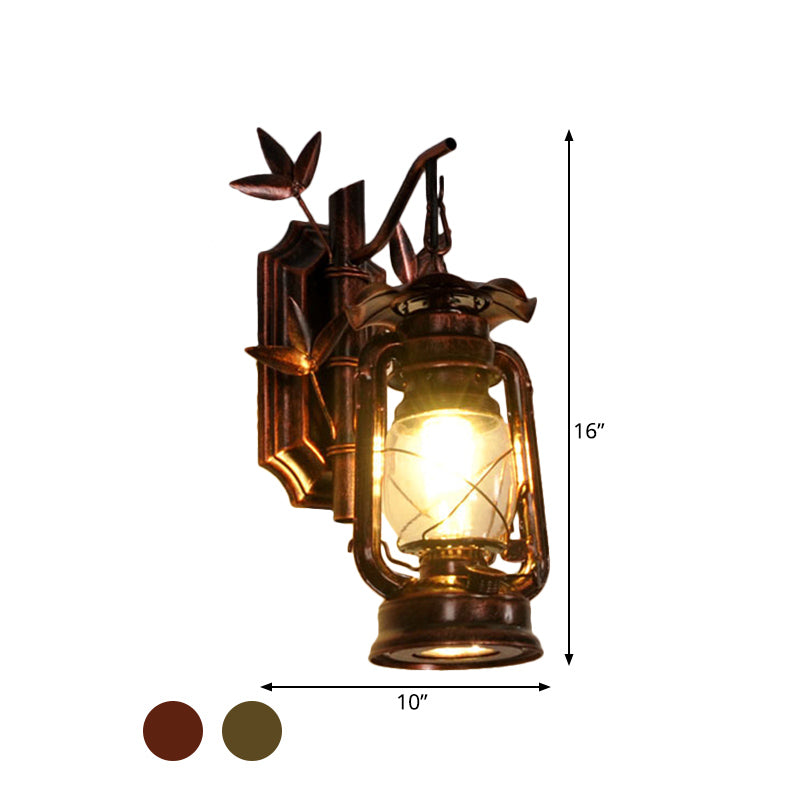 Industrial Lantern Sconce 1 Head Clear Glass Wall Mount Light Fixture in Bronze/Copper with Metal Bamboo Backplate Clearhalo 'Art deco wall lights' 'Cast Iron' 'Glass' 'Industrial wall lights' 'Industrial' 'Middle century wall lights' 'Modern' 'Rustic wall lights' 'Tiffany' 'Traditional wall lights' 'Wall Lamps & Sconces' 'Wall Lights' Lighting' 736346