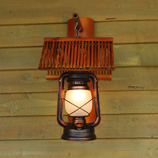 Copper 1 Light Wall Light Fixture Warehouse Frosted Glass Kerosene Sconce Lamp with Bamboo Roof Deco Clearhalo 'Art deco wall lights' 'Cast Iron' 'Glass' 'Industrial wall lights' 'Industrial' 'Middle century wall lights' 'Modern' 'Rustic wall lights' 'Tiffany' 'Traditional wall lights' 'Wall Lamps & Sconces' 'Wall Lights' Lighting' 736364