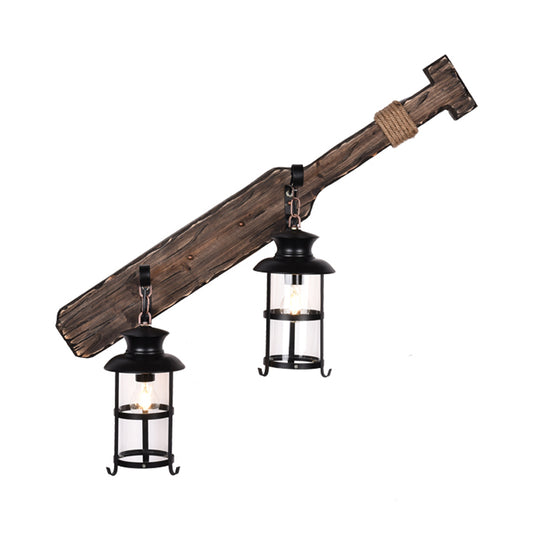 Farmhouse Kerosene Wall Light Fixture 2-Light Clear Glass Wall Sconce in Black with Wood Tool Design Clearhalo 'Art deco wall lights' 'Cast Iron' 'Glass' 'Industrial wall lights' 'Industrial' 'Middle century wall lights' 'Modern' 'Rustic wall lights' 'Tiffany' 'Traditional wall lights' 'Wall Lamps & Sconces' 'Wall Lights' Lighting' 736388
