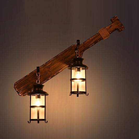 Farmhouse Kerosene Wall Light Fixture 2-Light Clear Glass Wall Sconce in Black with Wood Tool Design Clearhalo 'Art deco wall lights' 'Cast Iron' 'Glass' 'Industrial wall lights' 'Industrial' 'Middle century wall lights' 'Modern' 'Rustic wall lights' 'Tiffany' 'Traditional wall lights' 'Wall Lamps & Sconces' 'Wall Lights' Lighting' 736389
