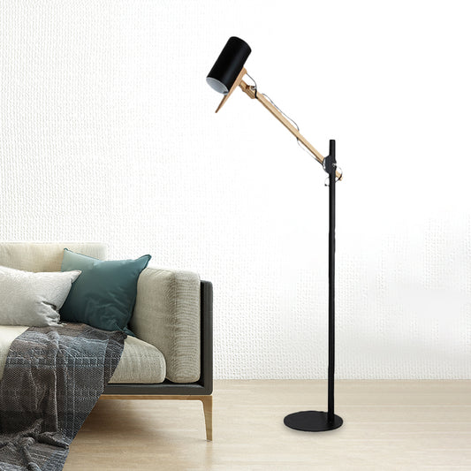 White/Black and Wood Tube Floor Lamp Modernist Iron 1 Light Swing Arm Standing Floor Light Black Clearhalo 'Floor Lamps' 'Lamps' Lighting' 736395