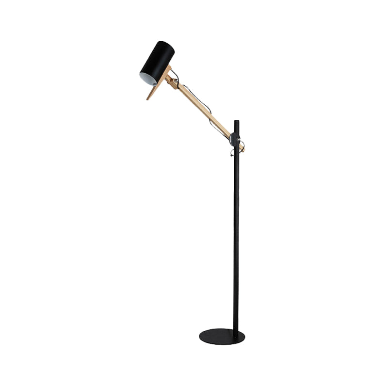 White/Black and Wood Tube Floor Lamp Modernist Iron 1 Light Swing Arm Standing Floor Light Clearhalo 'Floor Lamps' 'Lamps' Lighting' 736397