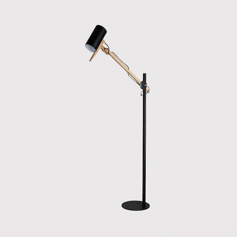 White/Black and Wood Tube Floor Lamp Modernist Iron 1 Light Swing Arm Standing Floor Light Clearhalo 'Floor Lamps' 'Lamps' Lighting' 736398