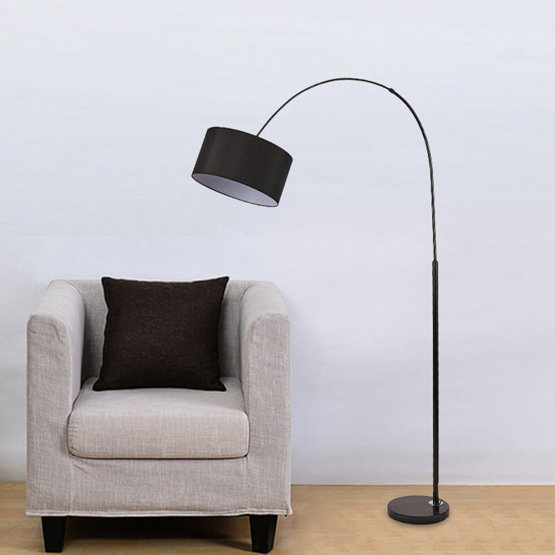 Modern Drum Floor Light Fabric 1 Head Living Room Overarching Stand Up Lamp in Black with Marble Base Black Clearhalo 'Floor Lamps' 'Lamps' Lighting' 736403
