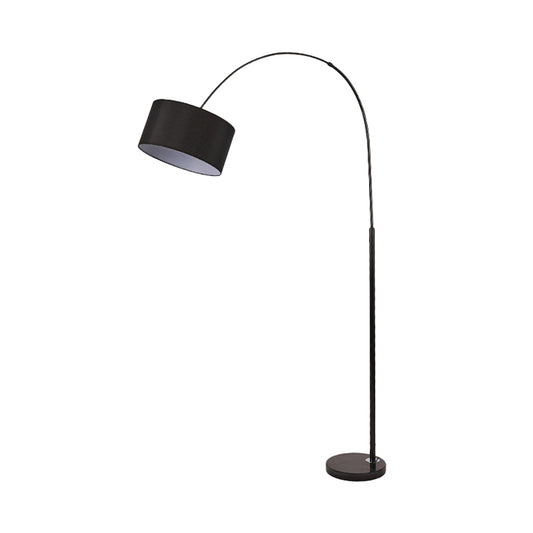 Modern Drum Floor Light Fabric 1 Head Living Room Overarching Stand Up Lamp in Black with Marble Base Clearhalo 'Floor Lamps' 'Lamps' Lighting' 736404