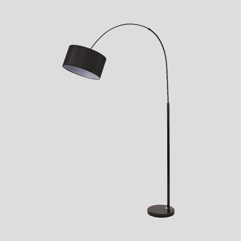 Modern Drum Floor Light Fabric 1 Head Living Room Overarching Stand Up Lamp in Black with Marble Base Clearhalo 'Floor Lamps' 'Lamps' Lighting' 736405