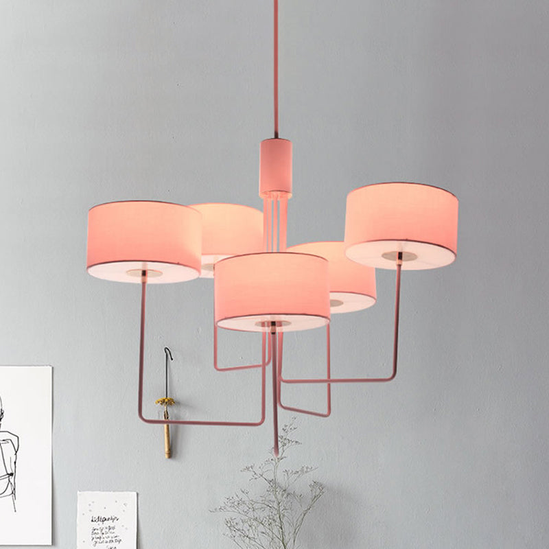 Modern Drum Chandelier Lighting Fabric 5 Bulbs Living Room Hanging Lamp Kit in Pink Pink Clearhalo 'Ceiling Lights' 'Chandeliers' 'Modern Chandeliers' 'Modern' Lighting' 736505