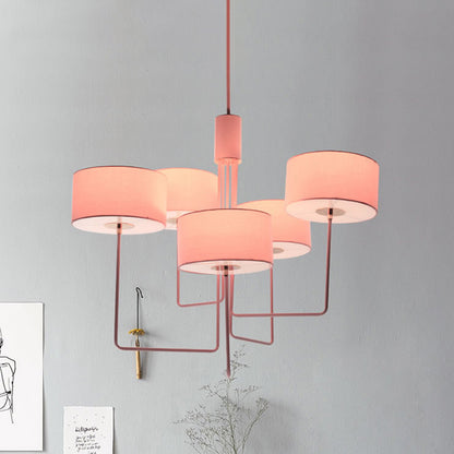 Modern Drum Chandelier Lighting Fabric 5 Bulbs Living Room Hanging Lamp Kit in Pink Pink Clearhalo 'Ceiling Lights' 'Chandeliers' 'Modern Chandeliers' 'Modern' Lighting' 736505