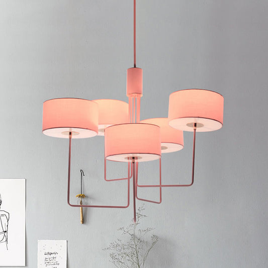 Modern Drum Chandelier Lighting Fabric 5 Bulbs Living Room Hanging Lamp Kit in Pink Pink Clearhalo 'Ceiling Lights' 'Chandeliers' 'Modern Chandeliers' 'Modern' Lighting' 736505