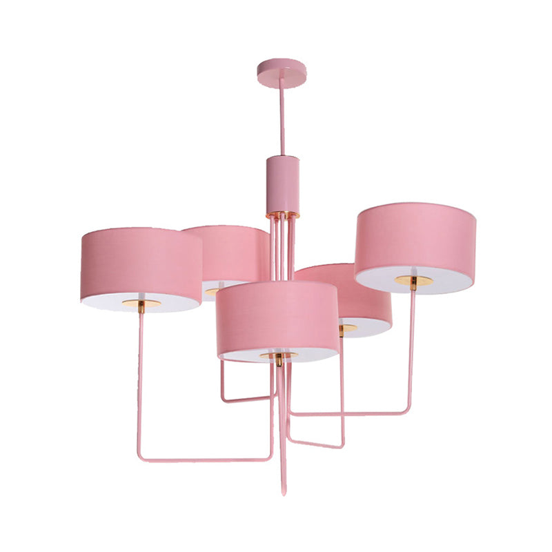 Modern Drum Chandelier Lighting Fabric 5 Bulbs Living Room Hanging Lamp Kit in Pink Clearhalo 'Ceiling Lights' 'Chandeliers' 'Modern Chandeliers' 'Modern' Lighting' 736506
