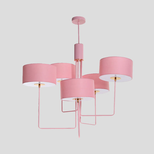 Modern Drum Chandelier Lighting Fabric 5 Bulbs Living Room Hanging Lamp Kit in Pink Clearhalo 'Ceiling Lights' 'Chandeliers' 'Modern Chandeliers' 'Modern' Lighting' 736507