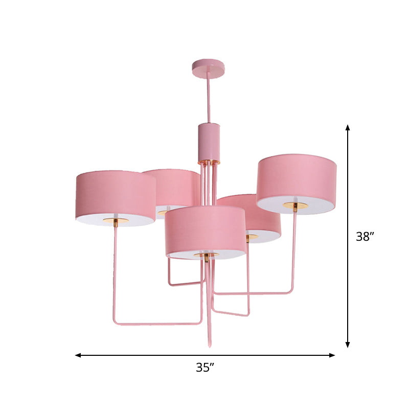 Modern Drum Chandelier Lighting Fabric 5 Bulbs Living Room Hanging Lamp Kit in Pink Clearhalo 'Ceiling Lights' 'Chandeliers' 'Modern Chandeliers' 'Modern' Lighting' 736508
