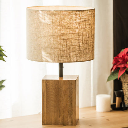 Cuboid Bedroom Night Light Wood 1 Light Minimalism Fabric Table Lamp with Pull Chain Flaxen Clearhalo 'Lamps' 'Table Lamps' Lighting' 736541