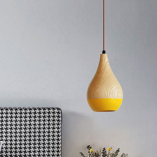 1 Light Dining Room Hanging Light Modern Red/Yellow LED Pendant Lamp with Teardrop Wood Shade Yellow Clearhalo 'Ceiling Lights' 'Modern Pendants' 'Modern' 'Pendant Lights' 'Pendants' Lighting' 736598