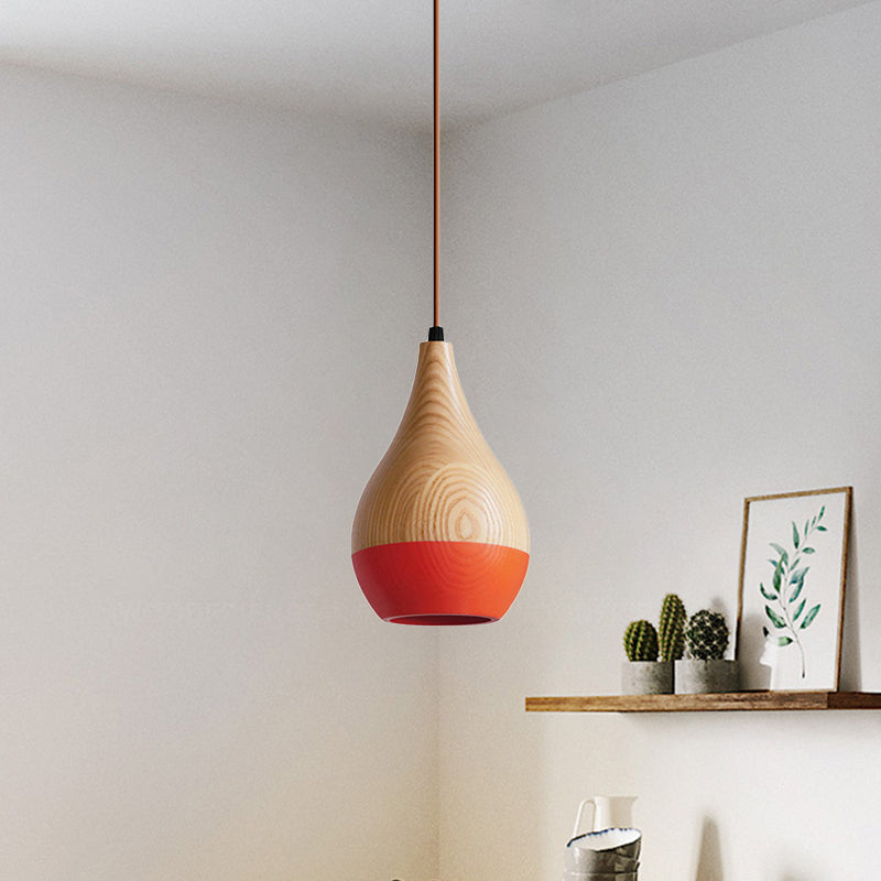 1 Light Dining Room Hanging Light Modern Red/Yellow LED Pendant Lamp with Teardrop Wood Shade Clearhalo 'Ceiling Lights' 'Modern Pendants' 'Modern' 'Pendant Lights' 'Pendants' Lighting' 736603