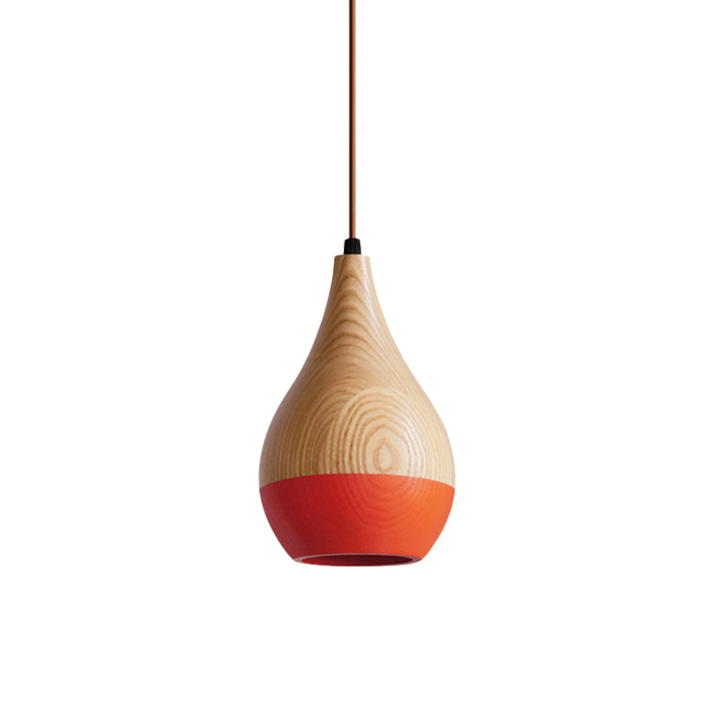 1 Light Dining Room Hanging Light Modern Red/Yellow LED Pendant Lamp with Teardrop Wood Shade Clearhalo 'Ceiling Lights' 'Modern Pendants' 'Modern' 'Pendant Lights' 'Pendants' Lighting' 736604