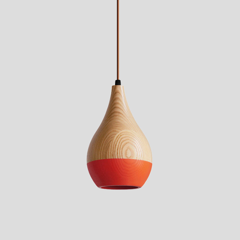 1 Light Dining Room Hanging Light Modern Red/Yellow LED Pendant Lamp with Teardrop Wood Shade Clearhalo 'Ceiling Lights' 'Modern Pendants' 'Modern' 'Pendant Lights' 'Pendants' Lighting' 736605