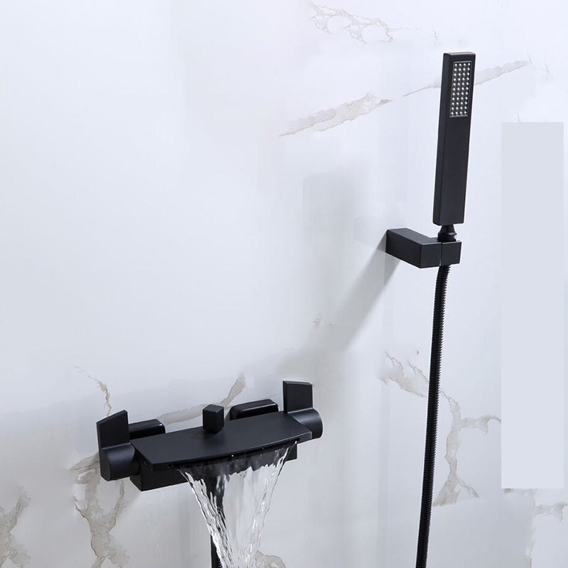 Waterfall Spout Tub Filler Handshower Lever Handle Wall-Mounted Shower Hose Tub Faucet Black Hand Shower Included Clearhalo 'Bathroom Remodel & Bathroom Fixtures' 'Bathtub Faucets' 'bathtub_faucets' 'Home Improvement' 'home_improvement' 'home_improvement_bathtub_faucets' 7366202