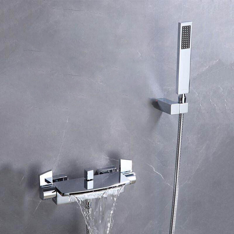Waterfall Spout Tub Filler Handshower Lever Handle Wall-Mounted Shower Hose Tub Faucet Chrome Hand Shower Included Clearhalo 'Bathroom Remodel & Bathroom Fixtures' 'Bathtub Faucets' 'bathtub_faucets' 'Home Improvement' 'home_improvement' 'home_improvement_bathtub_faucets' 7366203