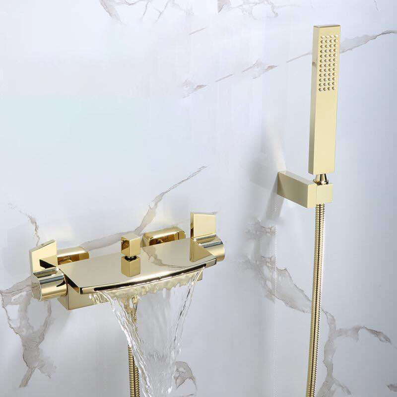 Waterfall Spout Tub Filler Handshower Lever Handle Wall-Mounted Shower Hose Tub Faucet Gold Hand Shower Included Clearhalo 'Bathroom Remodel & Bathroom Fixtures' 'Bathtub Faucets' 'bathtub_faucets' 'Home Improvement' 'home_improvement' 'home_improvement_bathtub_faucets' 7366205